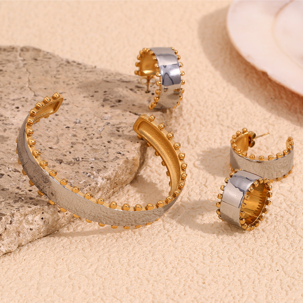 Elegant Business 18K Gold Plated Geometric Stainless Steel Bracelet Ring Earring Set for Women