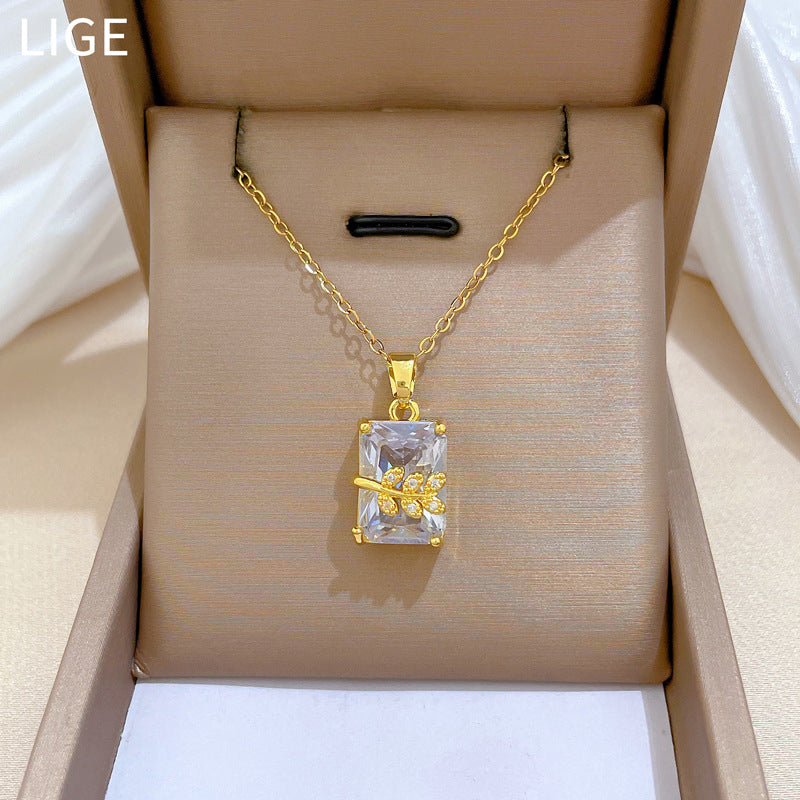 Sweet Rectangle Leaf Plant Rhinestone Inlay Titanium Steel Necklace for Unisex