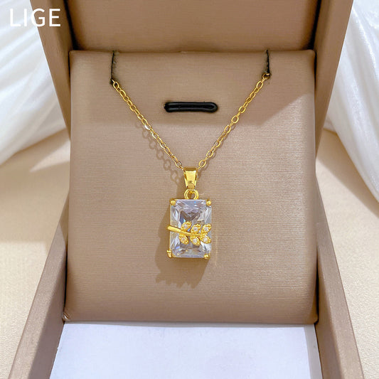 Sweet Rectangle Leaf Plant Rhinestone Inlay Titanium Steel Necklace for Unisex