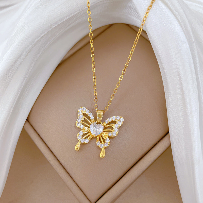 Sweet Minimalist Butterfly Cubic Zirconia Titanium Steel Necklace for Unisex