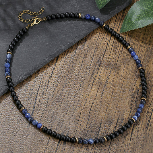 Bohemian Black Agate Volcanic Stone Blue Dot Beaded Necklace Multi-layer Ball Chain Unisex