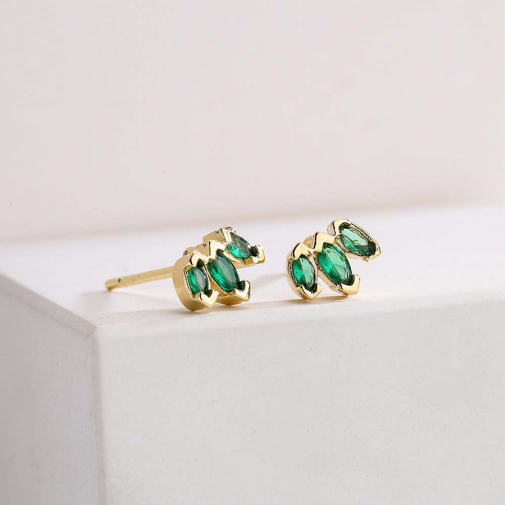 Ins Trendy Geometric Snake Shaped Copper Stud Earrings with 18K Gold Plating and Green Zircon