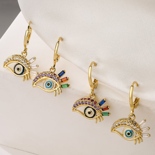 Orecchini Pendenti Geometrici Creativi in Rame con Placcatura in Oro 18K, Zirconia Micro-Incastonata, Design a Occhio Smaltato da Donna
