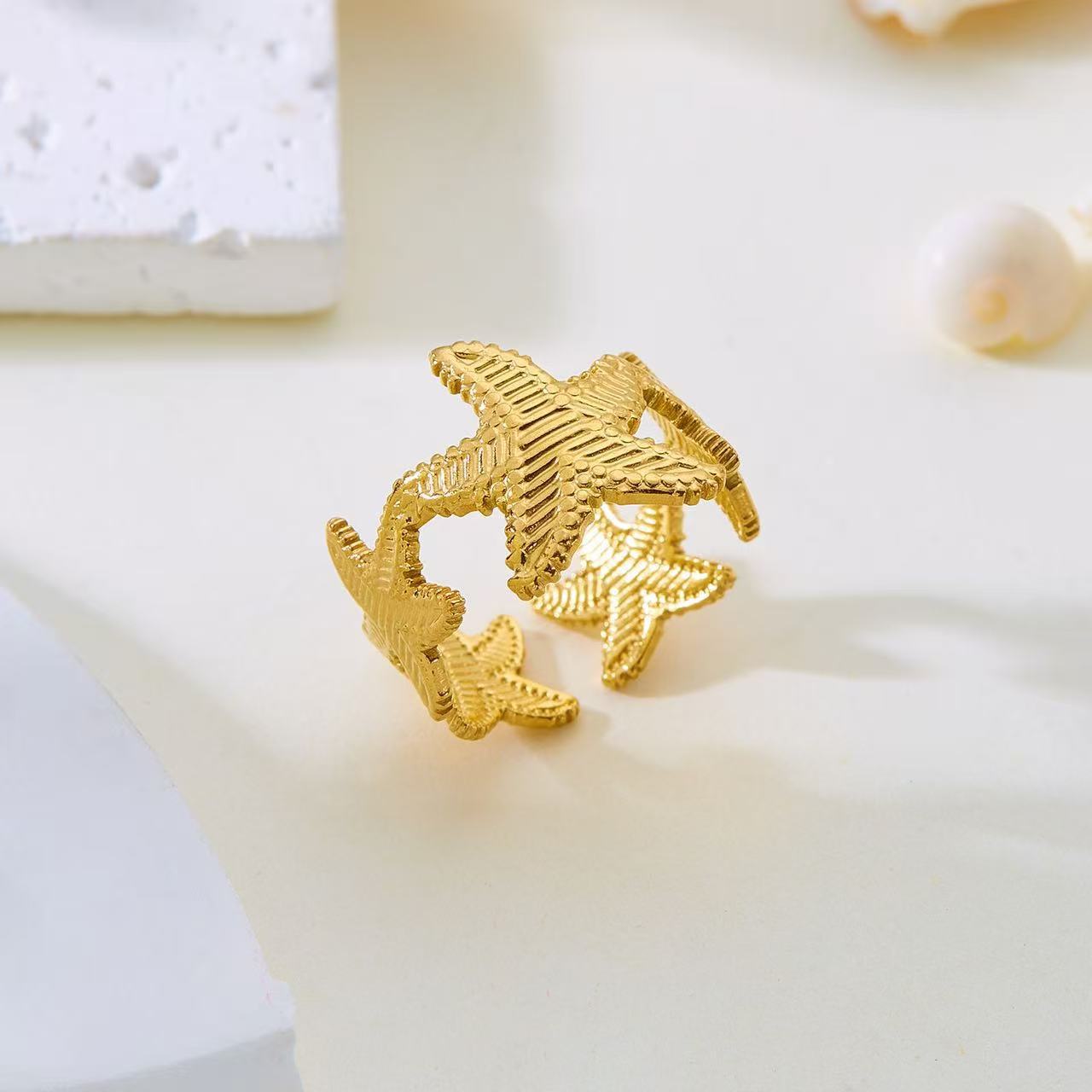 Elegant Gold Plated Stainless Steel Butterfly Star Geometric Ring