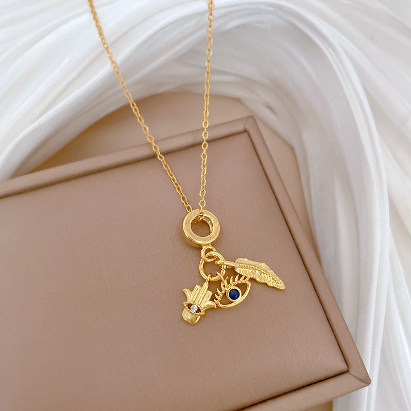 Collana con ciondolo di lusso Sweet Leaf Evil Eye con strass in acciaio inossidabile con catena a collare in rame