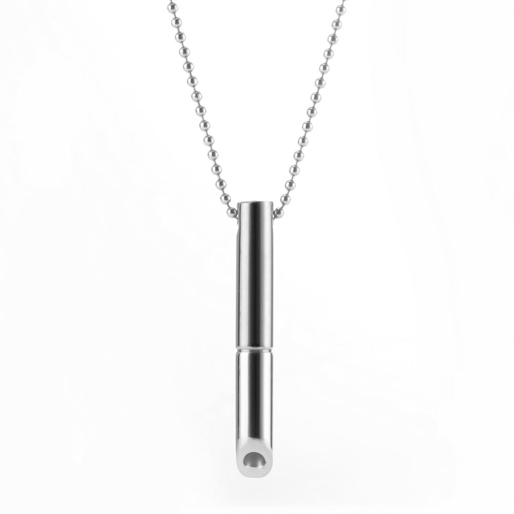 Mindfulness Meditation Whistle Pendant Necklace in Stainless Steel with Geometric Shape Polished Finish for Stress Relief and Yoga Practice