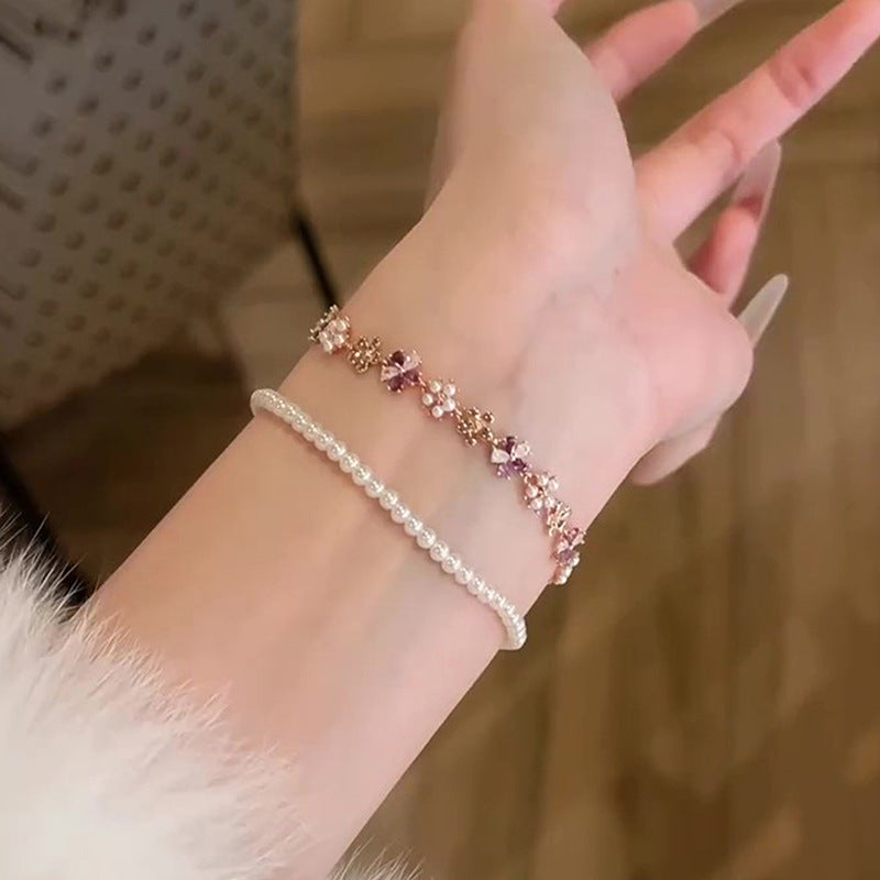 Elegant Floral Pearl Bracelet with Zircon Inlay for Women, Luxury Minimalist Hand Jewelry