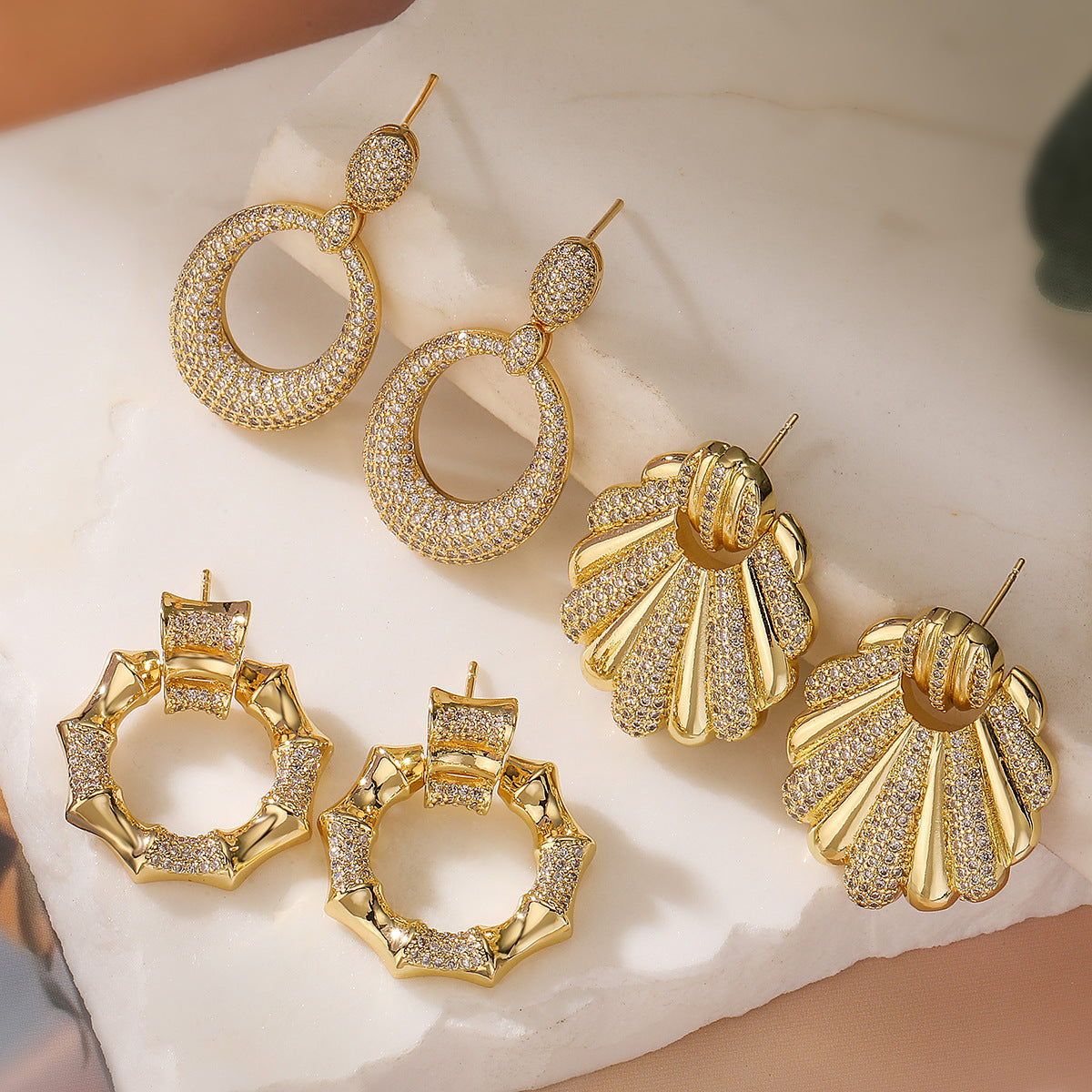 Minimalist Geometric Copper Earrings with 18K Gold Plating and Zircon Inlay for Women