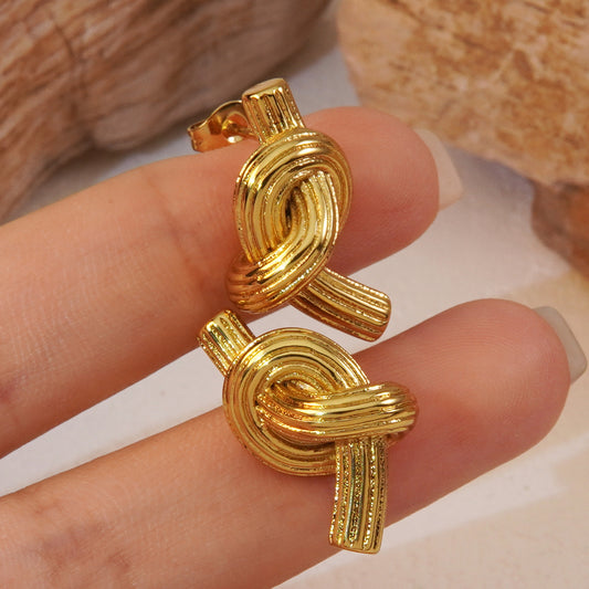 Exaggerated Brushed Plated Stainless Steel Abstract Geometric Knot Stud Earrings for Women
