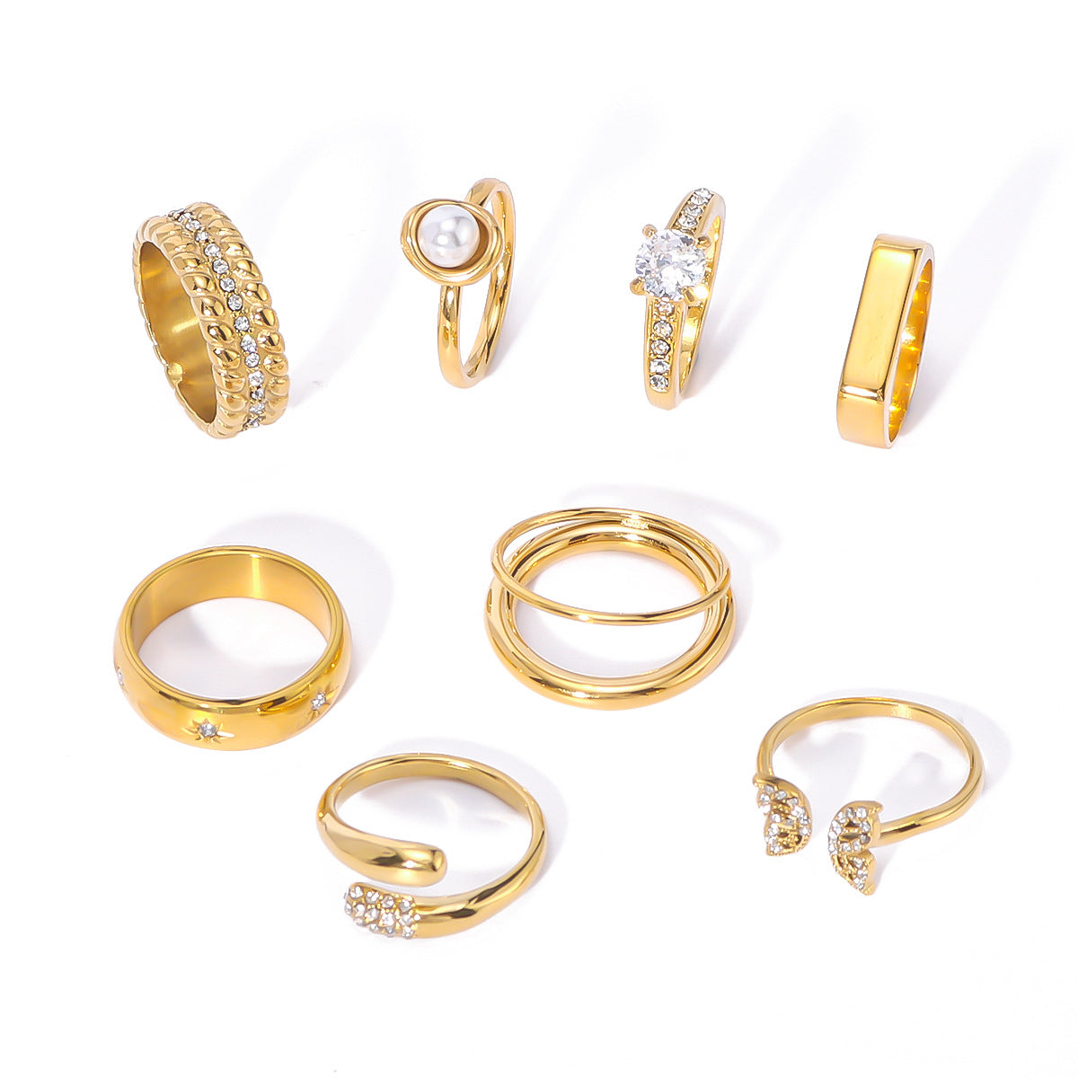 Set di anelli minimalisti a doppio strato in acciaio inossidabile con zirconi micro-incastonati e perle, gioielli unisex placcati oro 18 carati