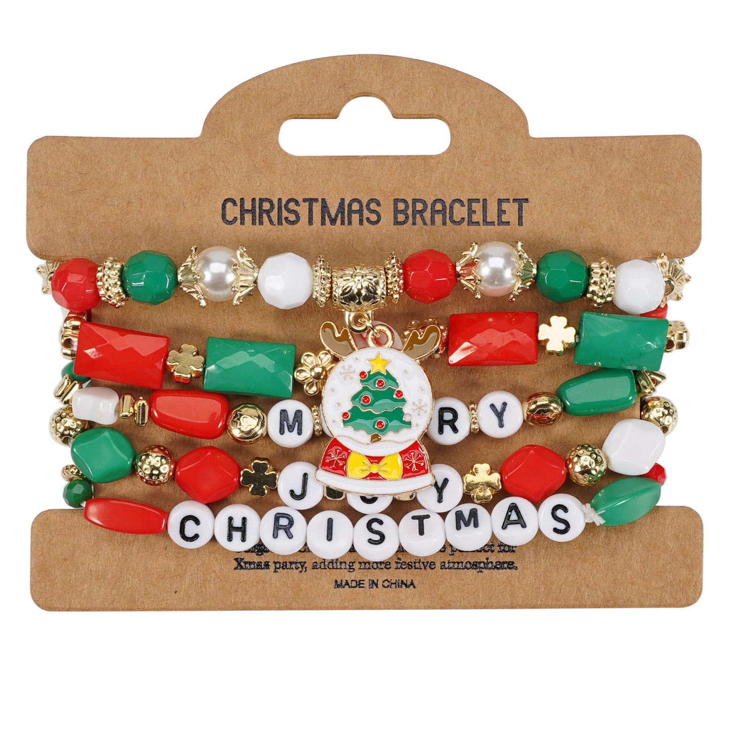 Unisex Natural Stone Beaded Bracelet with Snowman Christmas Tree Santa Reindeer Charms Floral Pattern Holiday Gift