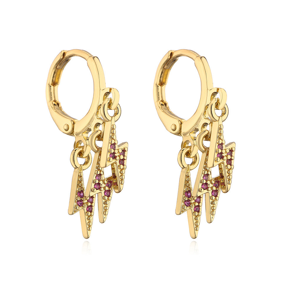Minimalist Geometric Lightning-Shaped Earrings for Women Made of Brass with 18K Gold Plating and Zircon Inlay