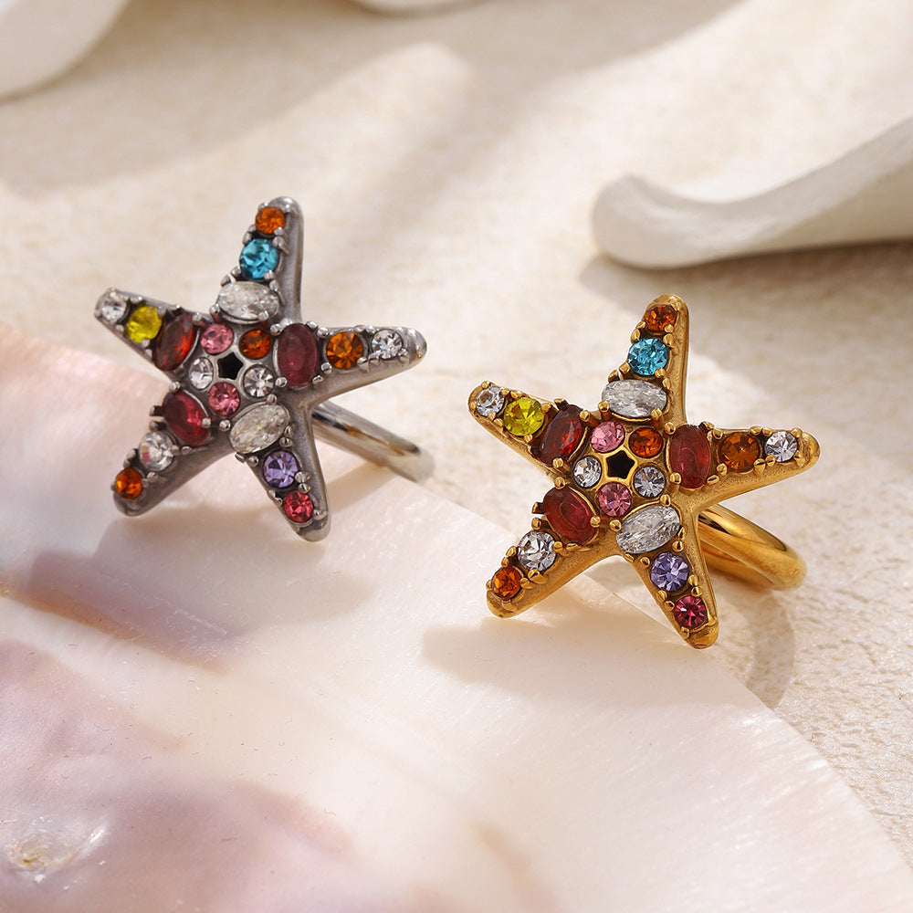 Creative Minimalist Star Geometric Stainless Steel Gold Plated Cubic Zirconia Ring for Women