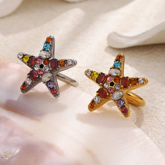 Creative Minimalist Star Geometric Stainless Steel Gold Plated Cubic Zirconia Ring for Women