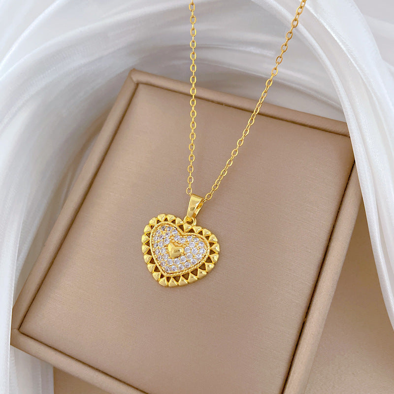 Sweet Minimalist Heart Geometric Rhinestone Titanium Steel Necklace for Unisex