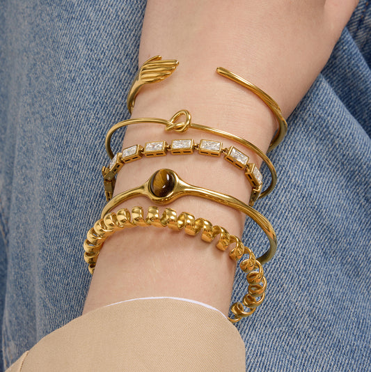 Pulsera de Acero Inoxidable con Ojo de Tigre Geométrico, Baño de Oro de 18K, Anillo Abierto, Joyería Ligera