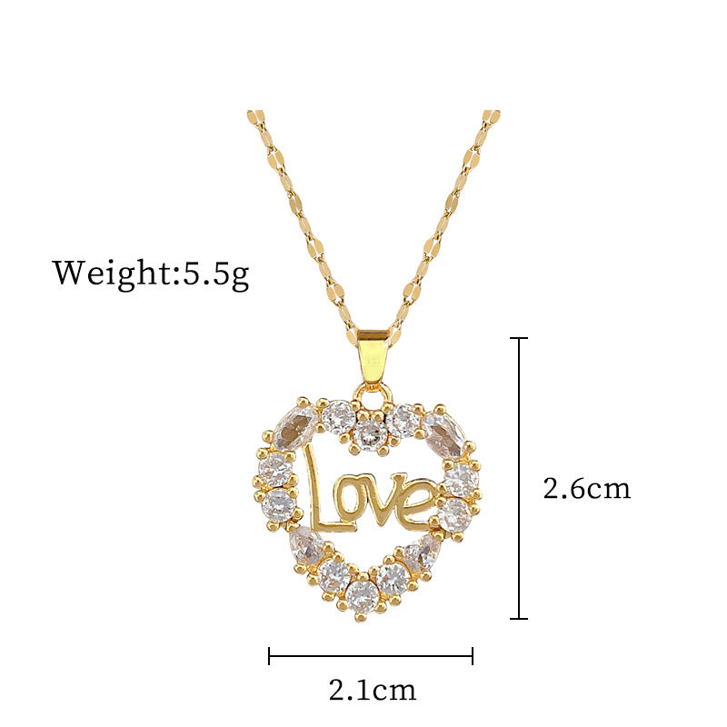 Luxury Titanium Steel Heart Pendant Necklace with Rhinestones for Women and Men Geometric Moon Pattern