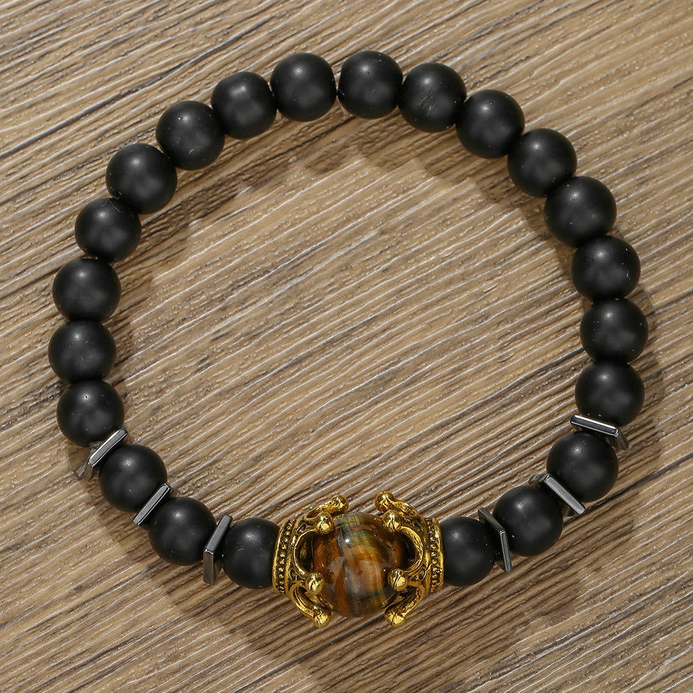 Luxury Punk Geometric Alloy Crown Bracelet with Tiger Eye and Hematite for Men and Women