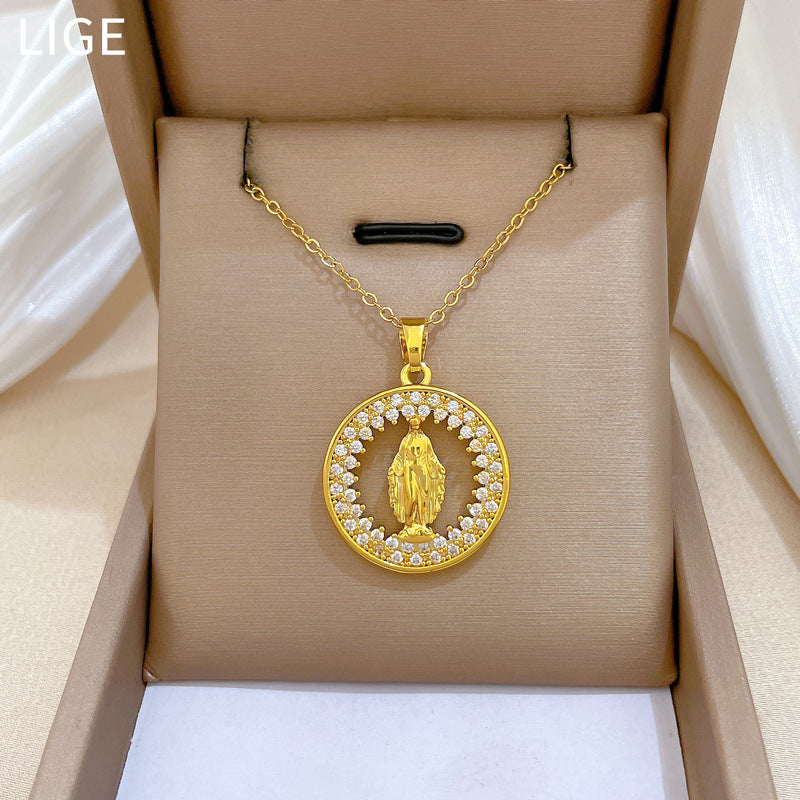 Sweet Minimalist Round Geometric Rhinestone Inlay Titanium Steel Necklace with Brass Pendant for Unisex