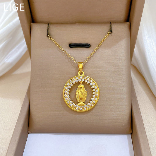 Sweet Minimalist Round Geometric Rhinestone Inlay Titanium Steel Necklace with Brass Pendant for Unisex