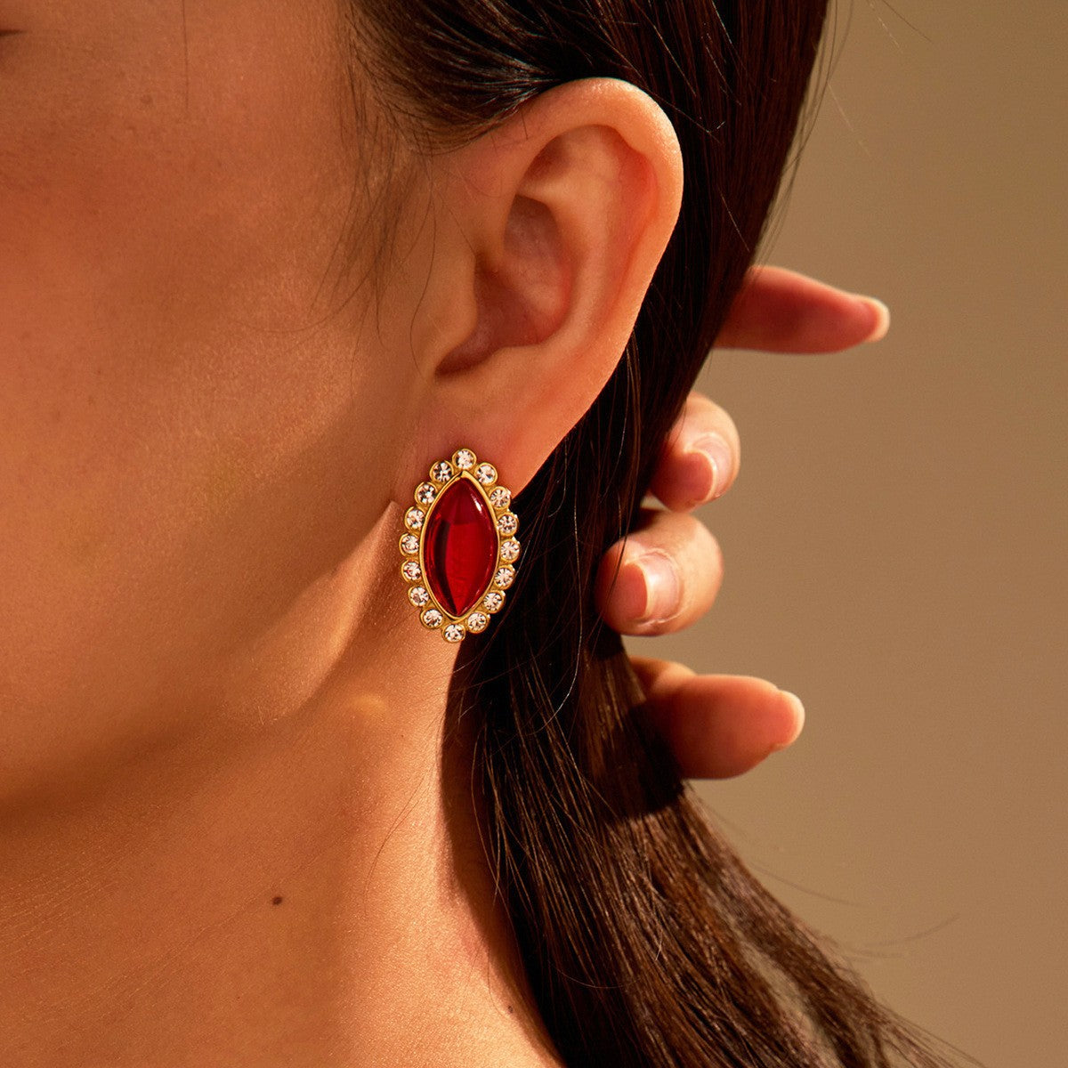 Vintage Geometric Stainless Steel Earrings with 18K Gold Plating and Agate-Inspired Design for Women