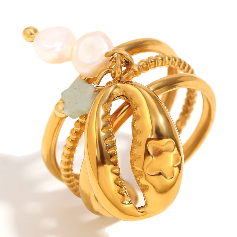 Anello da donna in acciaio inossidabile geometrico d'ispirazione vintage con placcatura in oro 18 carati e nappa con conchiglia di perla