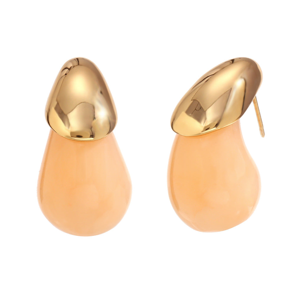 Orecchini a Goccia in Acciaio Inossidabile, Minimalisti ed Eleganti, Placcati Oro 18K con Dettagli in Resina Color Caramella