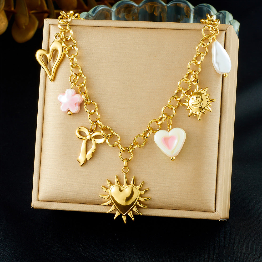 Chic Gold Plated Heart Butterfly Pearl Stainless Steel Pendant Cable Chain Necklace for Women