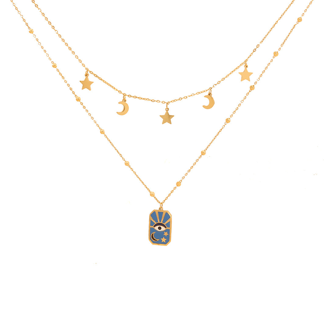 Minimalist Star and Moon Necklace with Enamel Eyes, Stainless Steel Double Layer O-Chain for Women