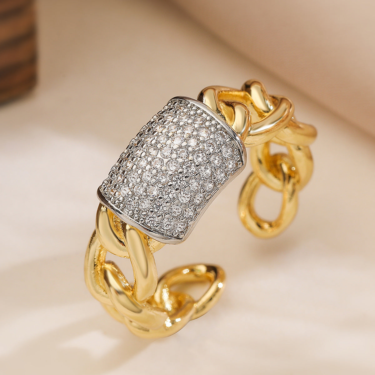 Minimalist Two-Tone Plated Geometric Open Ring with Cubic Zirconia for Women