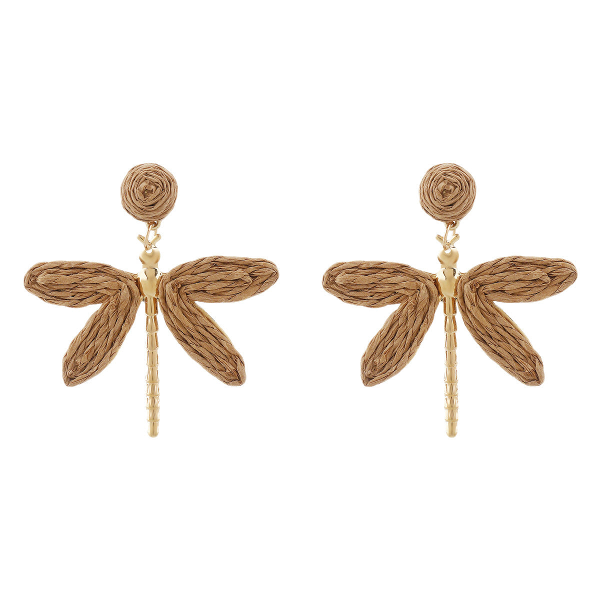 Vacation Style Handwoven Raffia Dragonfly Earrings for Women Alloy and Raffia Lightweight Bohemian-Inspired Fashion Earrings