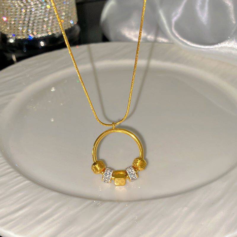 Minimalist Geometric Round Square Floral Pattern Cubic Zirconia Inlay Titanium Steel Snake Chain Necklace