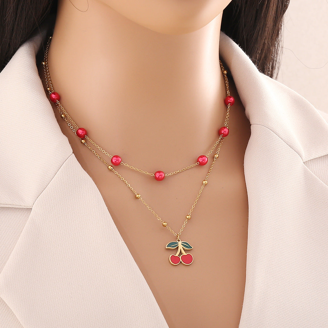 Cherry-Shaped Pendant Necklace in Stainless Steel with Plated Finish, Fashionable Double-Layer O-Chain for Women