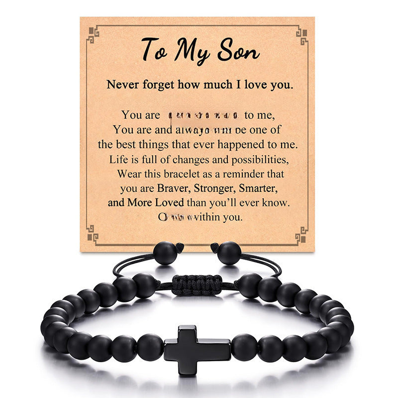 Matte Black Agate Cross Beaded Bracelet for Men