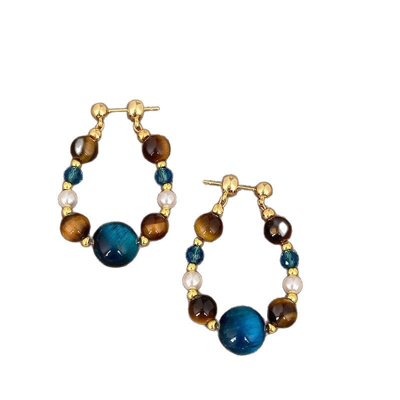 Pendientes de tuerca retro de ojo de tigre geométricos con baño de rodio para mujer, joyería de uso diario minimalista de lujo