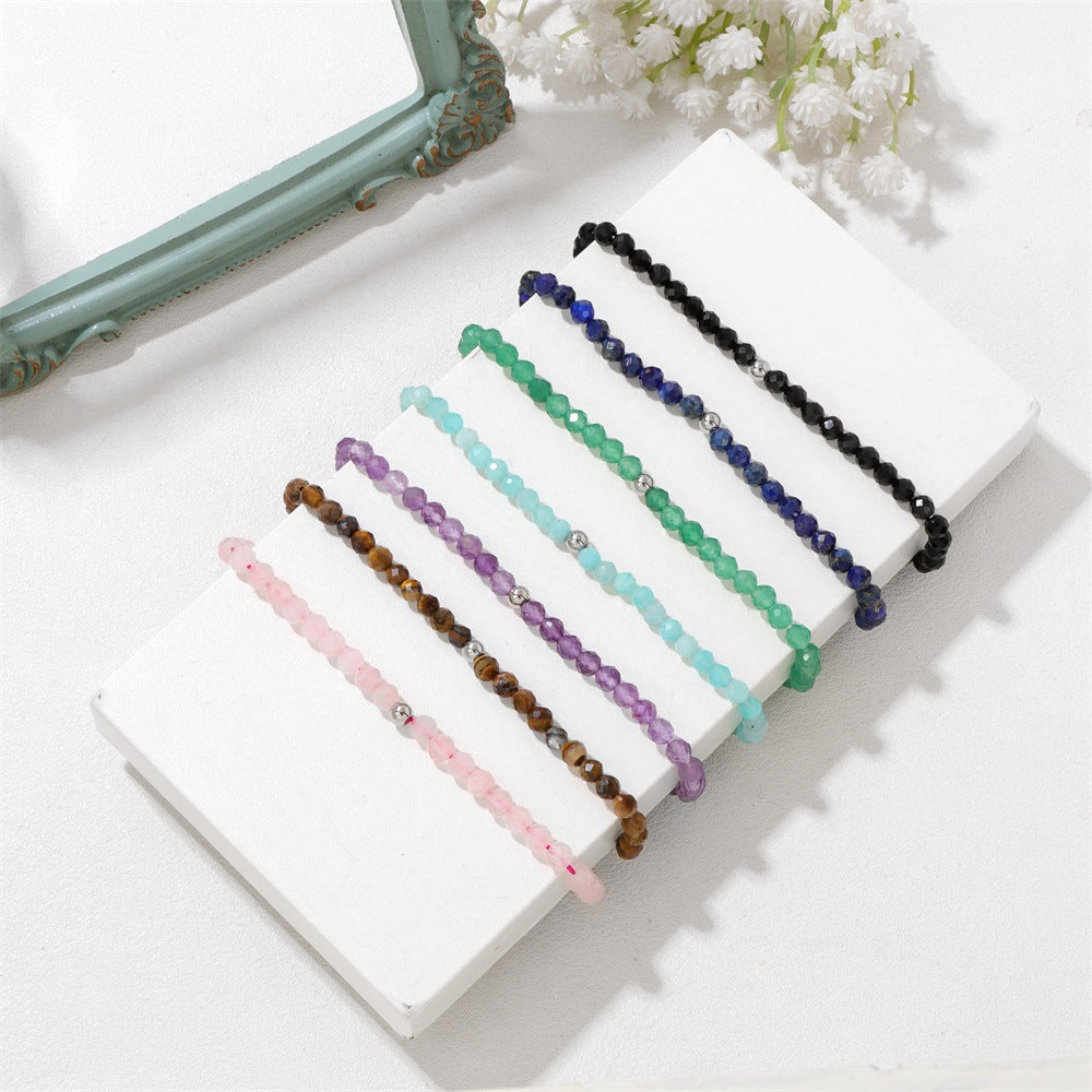 Geometric Natural Crystal Beaded Bracelet Set with Stainless Steel Silver Beads