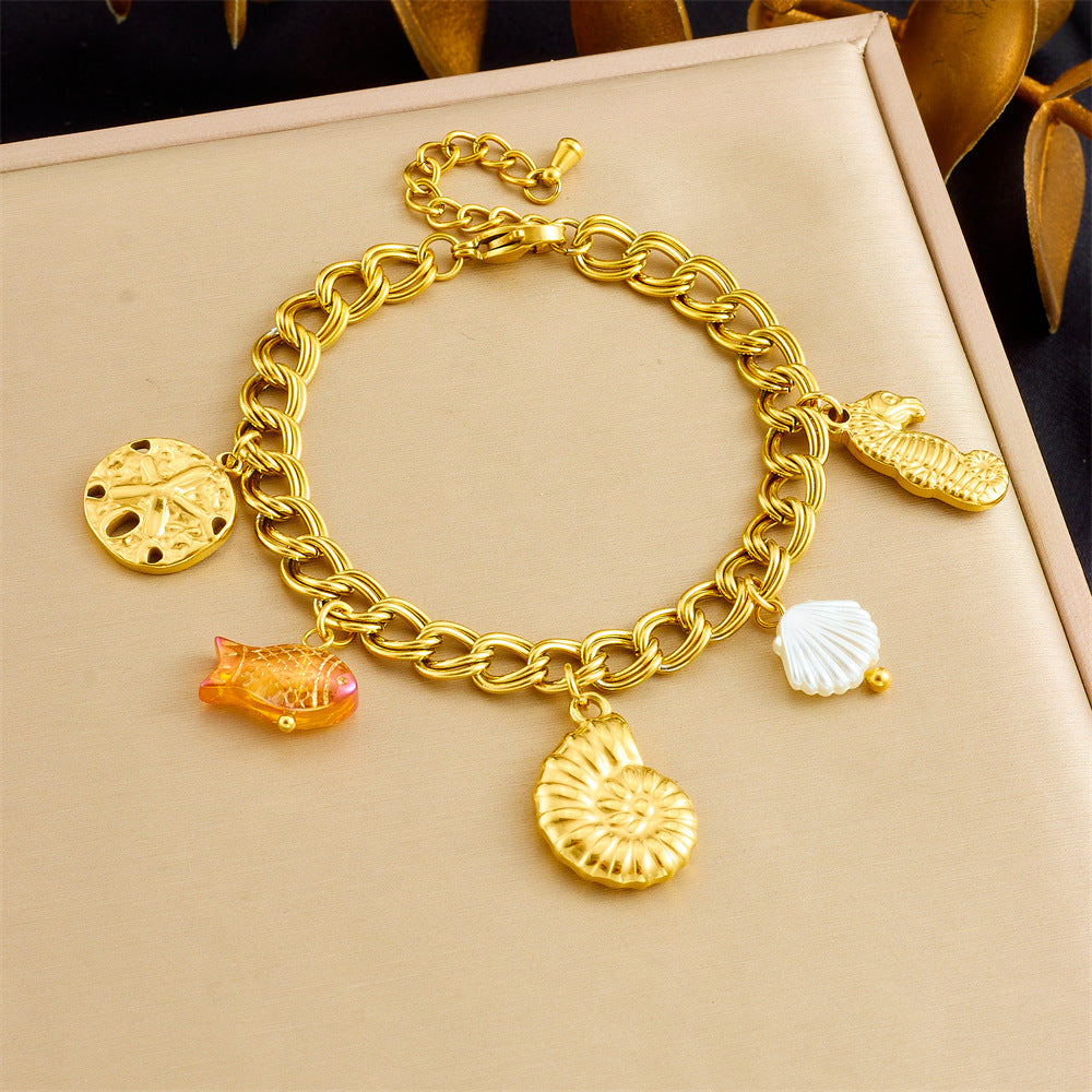 Fashion Ocean Animal Pendant Bracelet with Stainless Steel Chain Starfish Conch Seahorse Goldfish Design for Women