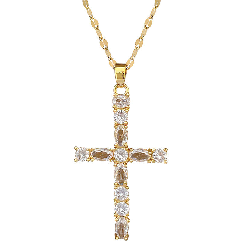Collar de lujo con colgante de cruz de acero de titanio con diamantes de imitación para mujeres y hombres, patrón de luna