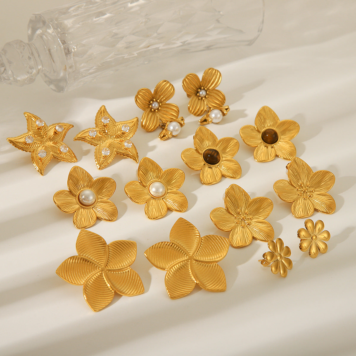 Fashion 18K Gold Plated Textured Five-Petal Flower Stainless Steel Stud Earrings for Women