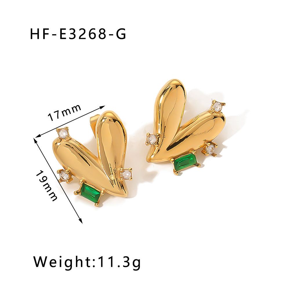 Orecchini Vintage da Donna in Acciaio al Titanio con Smeraldo Verde a Cuore, Zirconia Incastonata, Finitura Placcata e Design Elegante Minimalista