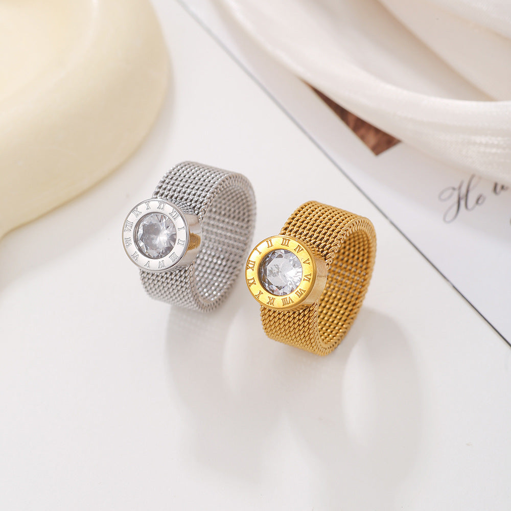 Vintage Geometric Round Rhinestone Inlay Plated Stainless Steel Ring