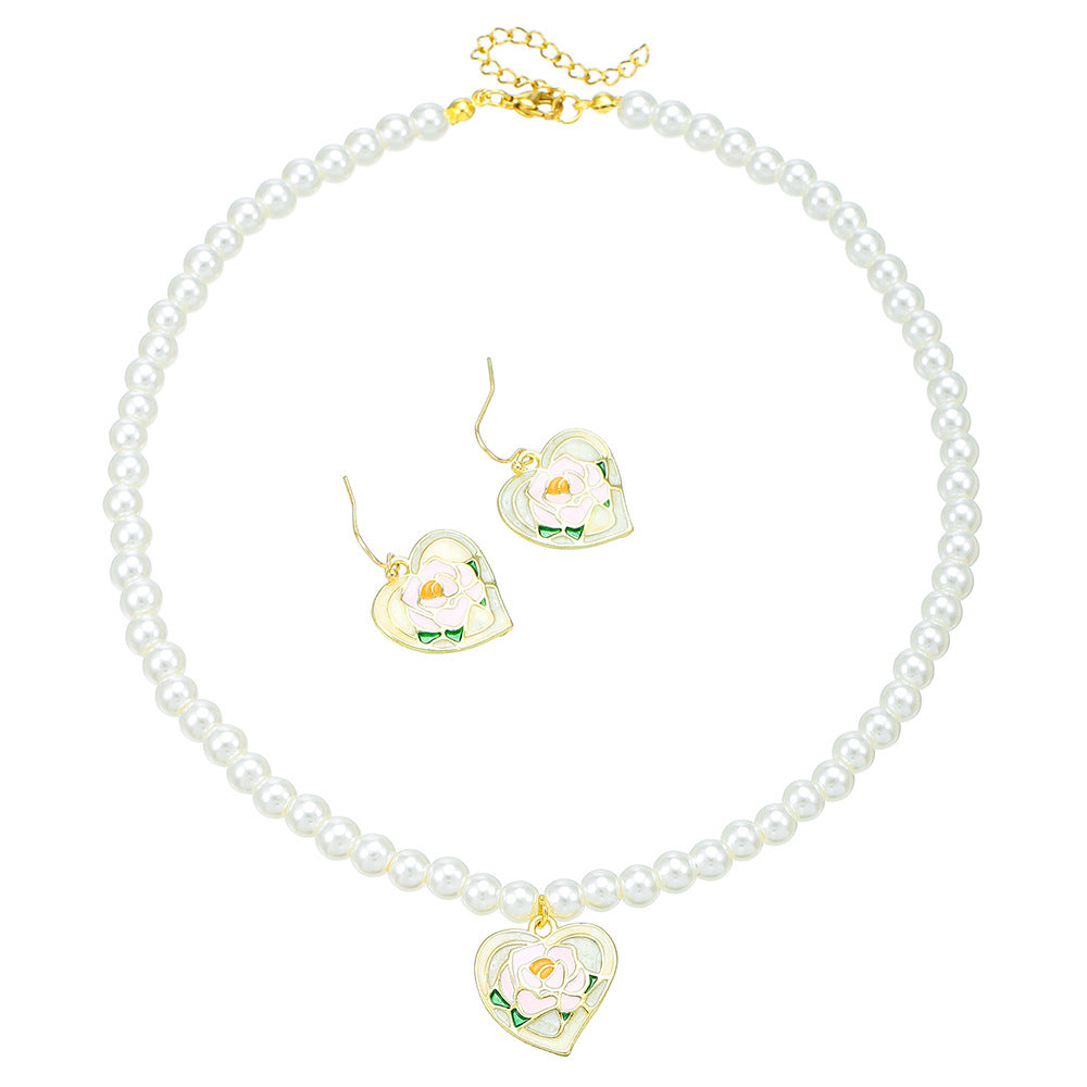 Vintage Elegant Drip Oil Heart Rose Pearl Pendant Necklace for Unisex