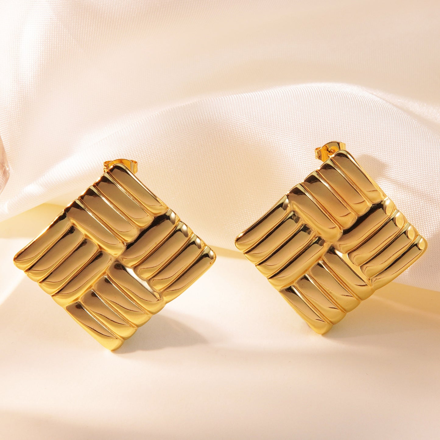 French Vintage Luxury Geometric Square Textured Stainless Steel Stud Earrings for Women