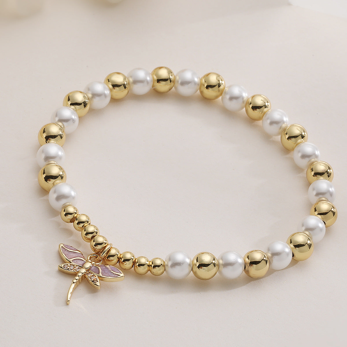 Elegant 18K Gold Plated Brass Geometric Dragonfly Pendant Bracelet with Cubic Zirconia Pearl and Drip Oil for Women