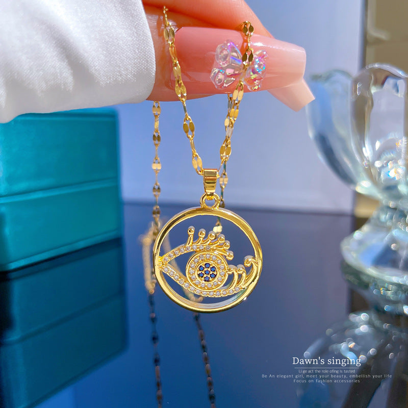 Elegant Eyelash Eye Geometric Pendant Necklace for Women in Titanium Steel with Micro-Pavé Gold Accents and Delicate Clavicle Chain