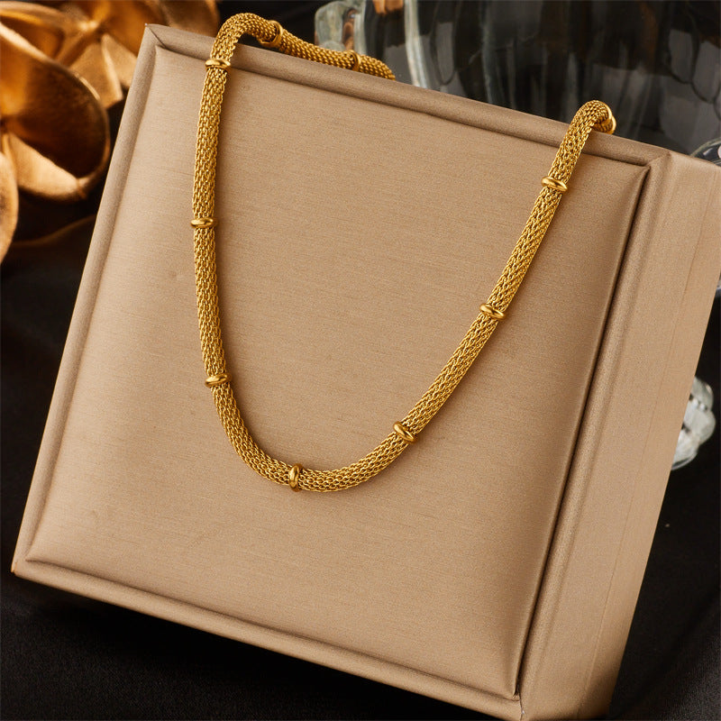 Conjunto Minimalista de Collar y Pulsera de Bambú en Acero de Titanio con Acabado Chapado sobre Cadena Redonda de Malla