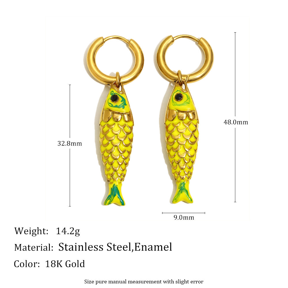 Luxury Style Fish-Shaped Stainless Steel Earrings with 18K Gold Plating and Enamel Finish