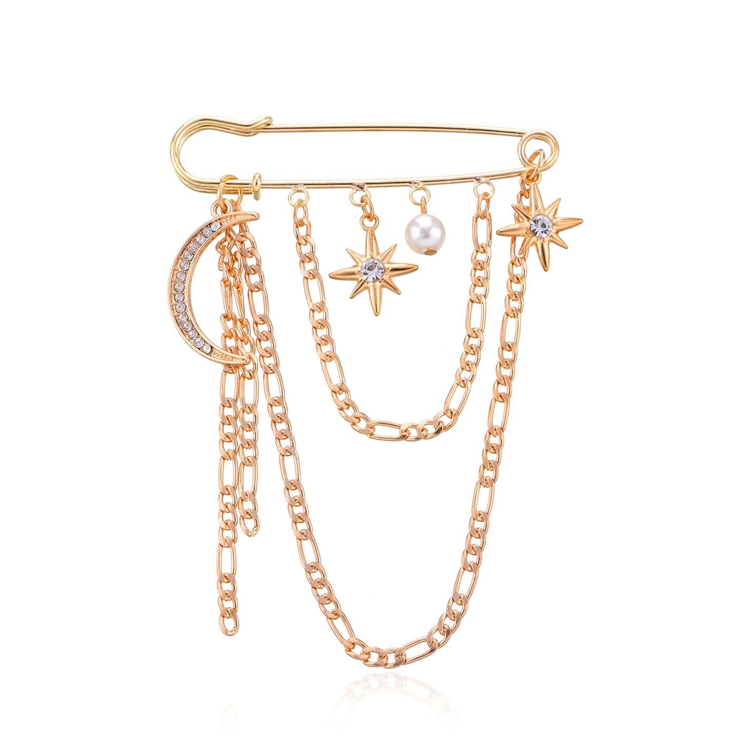 Luxury Star-Shaped Brooch for Women, Alloy Plated Jewelry with Chain Accent, Elegant Fashion Accessory
