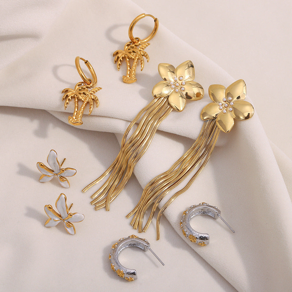 Fashionable OL Style Floral and Palm Tree Stud Earrings in Stainless Steel with 18K Gold Plating and Enamel Finish for Women