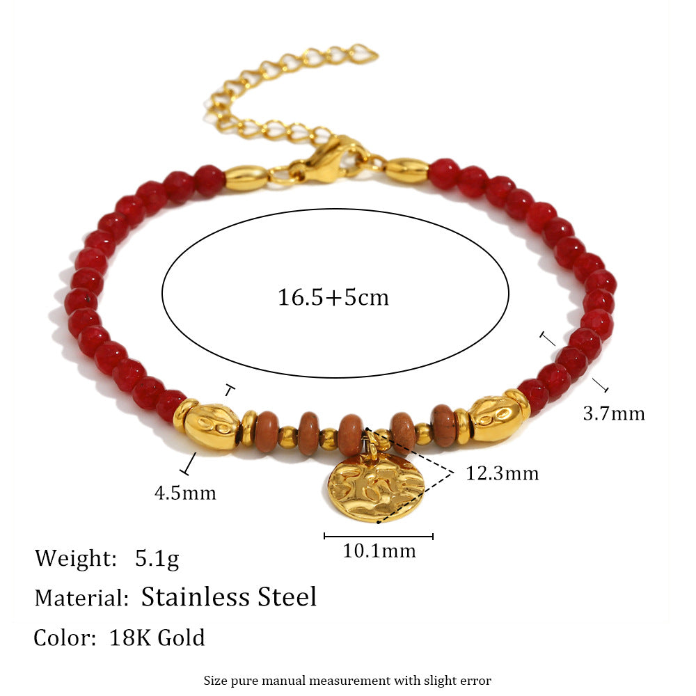 Vintage-Inspired Geometric Stainless Steel 18K Gold Plated Coin Bracelet with Natural Stone for Women